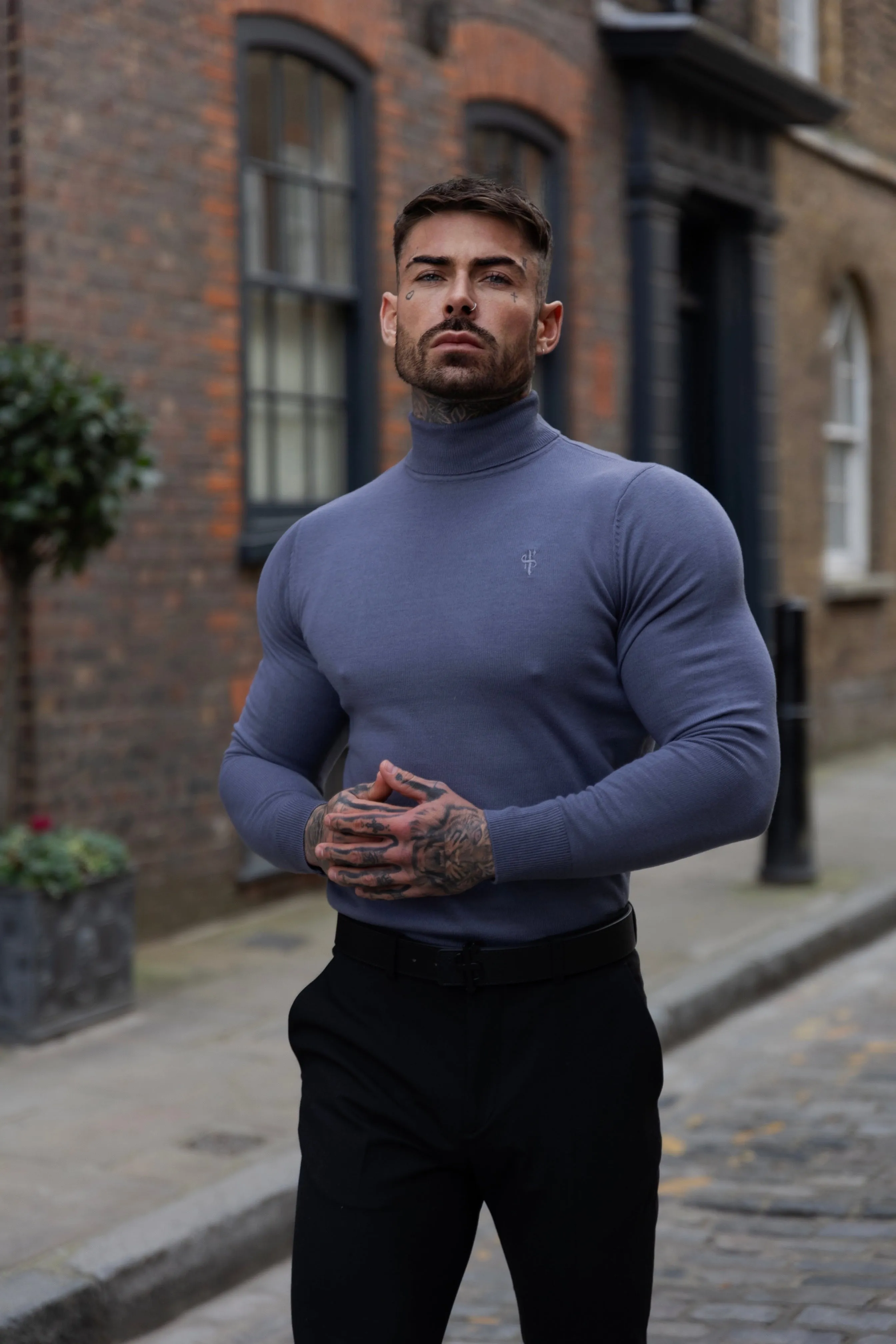 Father Sons Classic Gunmetal Roll Neck Knitted Jumper With Tonal Emblem - FSN137