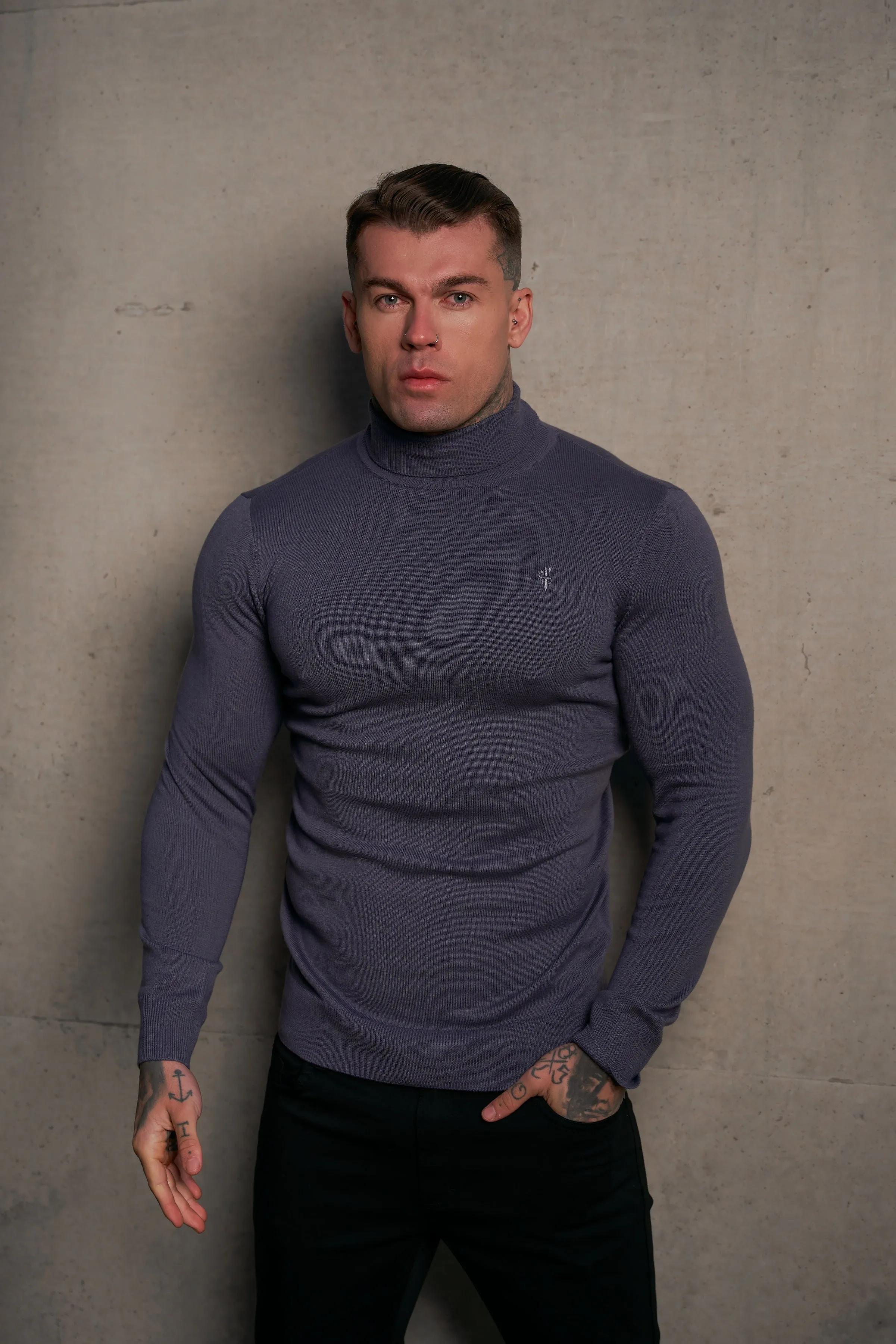 Father Sons Classic Gunmetal Roll Neck Knitted Jumper With Tonal Emblem - FSN137