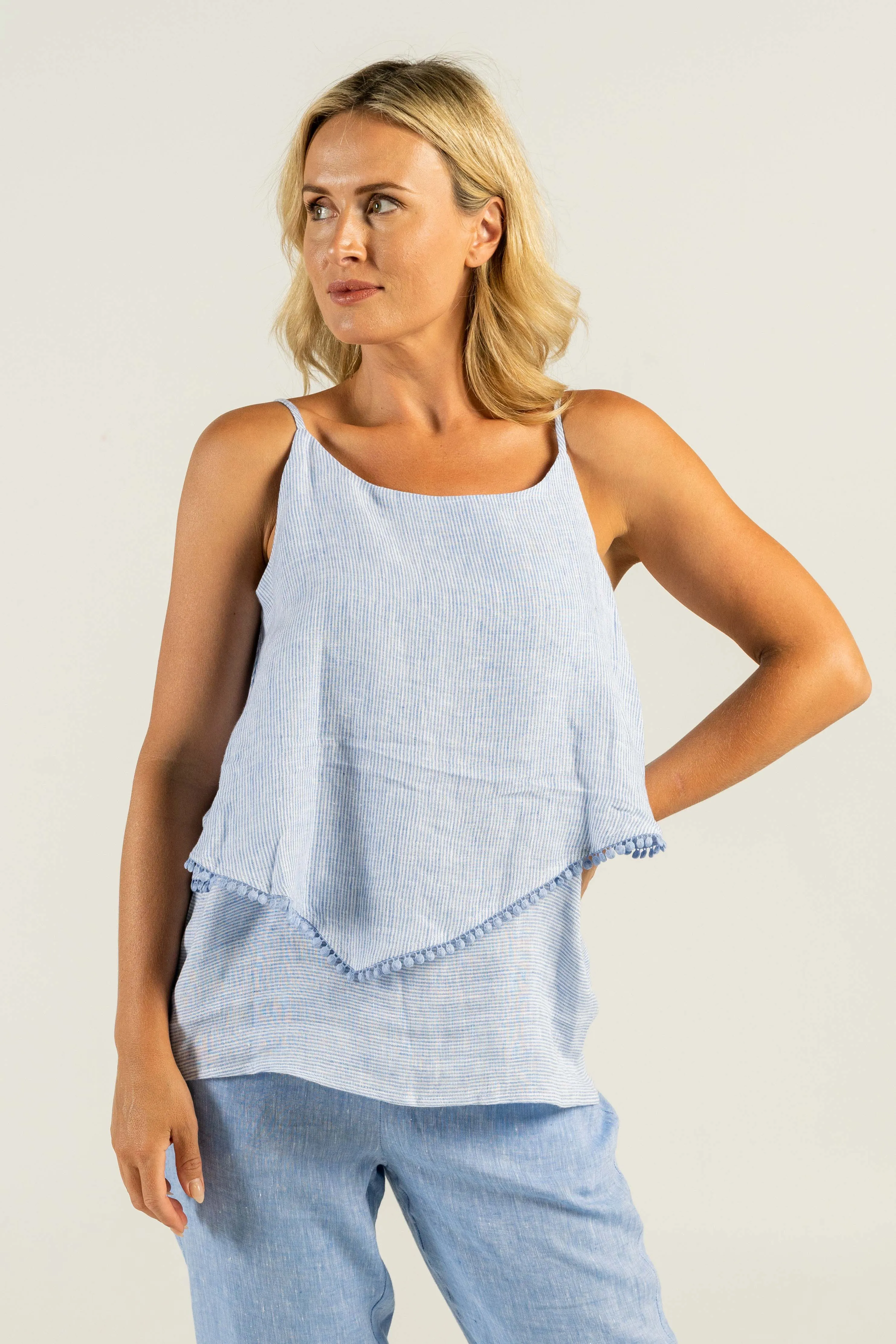 Fine Linen Layered Tank  - Blue & White