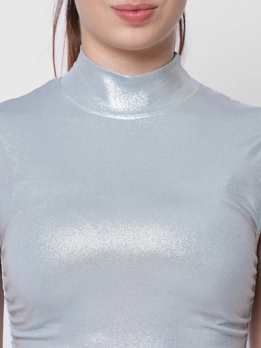 Fitkin women blue metallic side ruched high neck sleeveless top