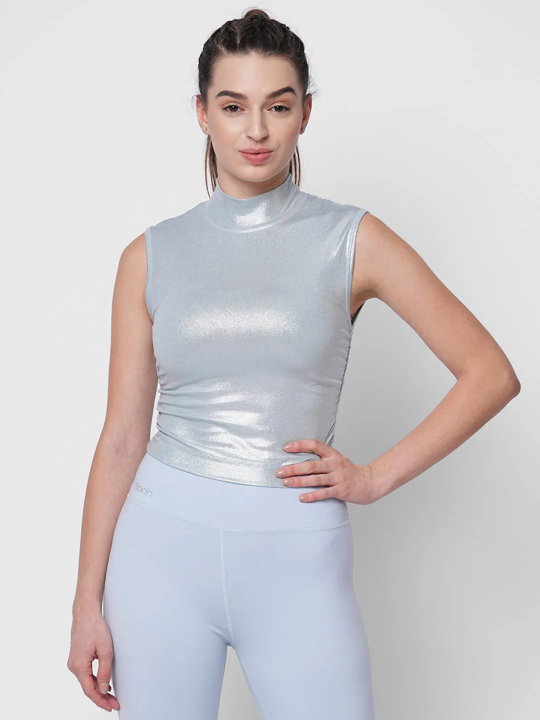 Fitkin women blue metallic side ruched high neck sleeveless top