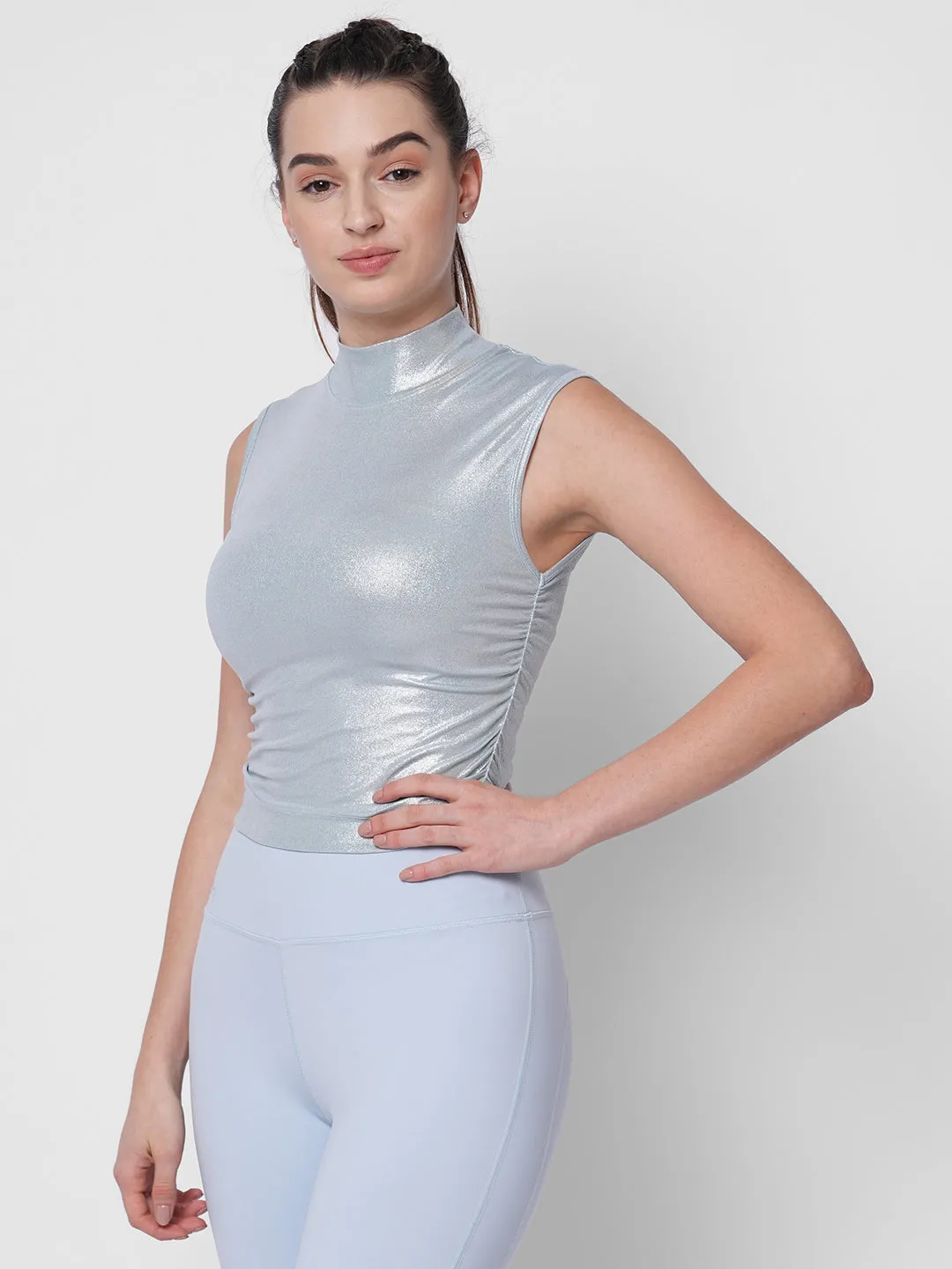 Fitkin women blue metallic side ruched high neck sleeveless top
