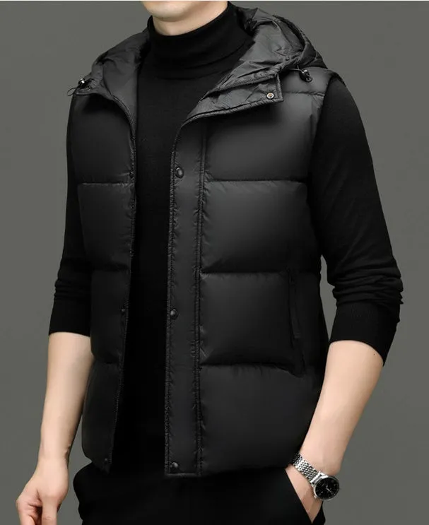Fitted Solid Color Puffer Vest with Hood - Easy-to-clean and Windproof