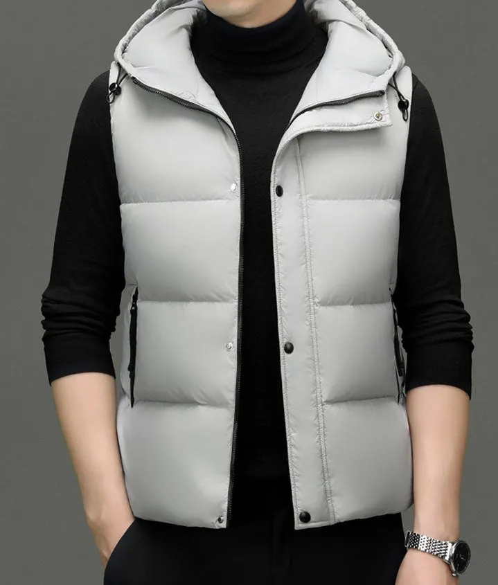 Fitted Solid Color Puffer Vest with Hood - Easy-to-clean and Windproof