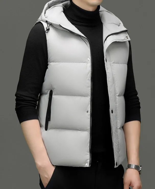 Fitted Solid Color Puffer Vest with Hood - Easy-to-clean and Windproof
