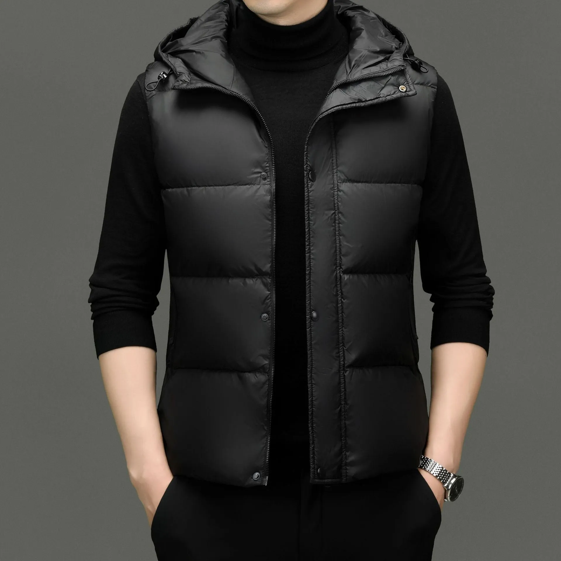Fitted Solid Color Puffer Vest with Hood - Easy-to-clean and Windproof