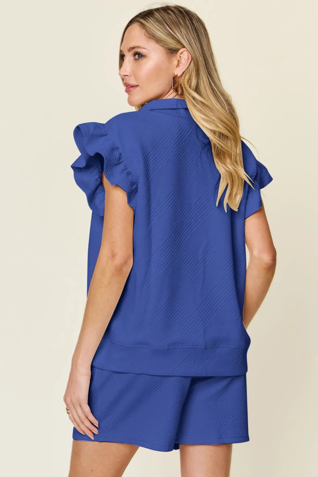 Flounce Sleeve Top and Drawstring Shorts Set