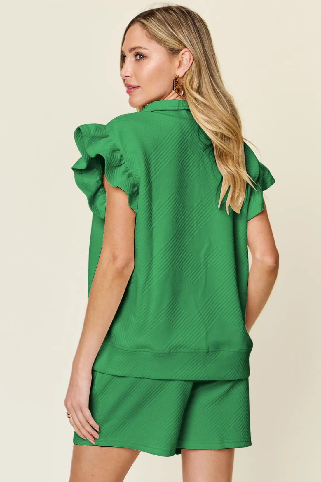 Flounce Sleeve Top and Drawstring Shorts Set