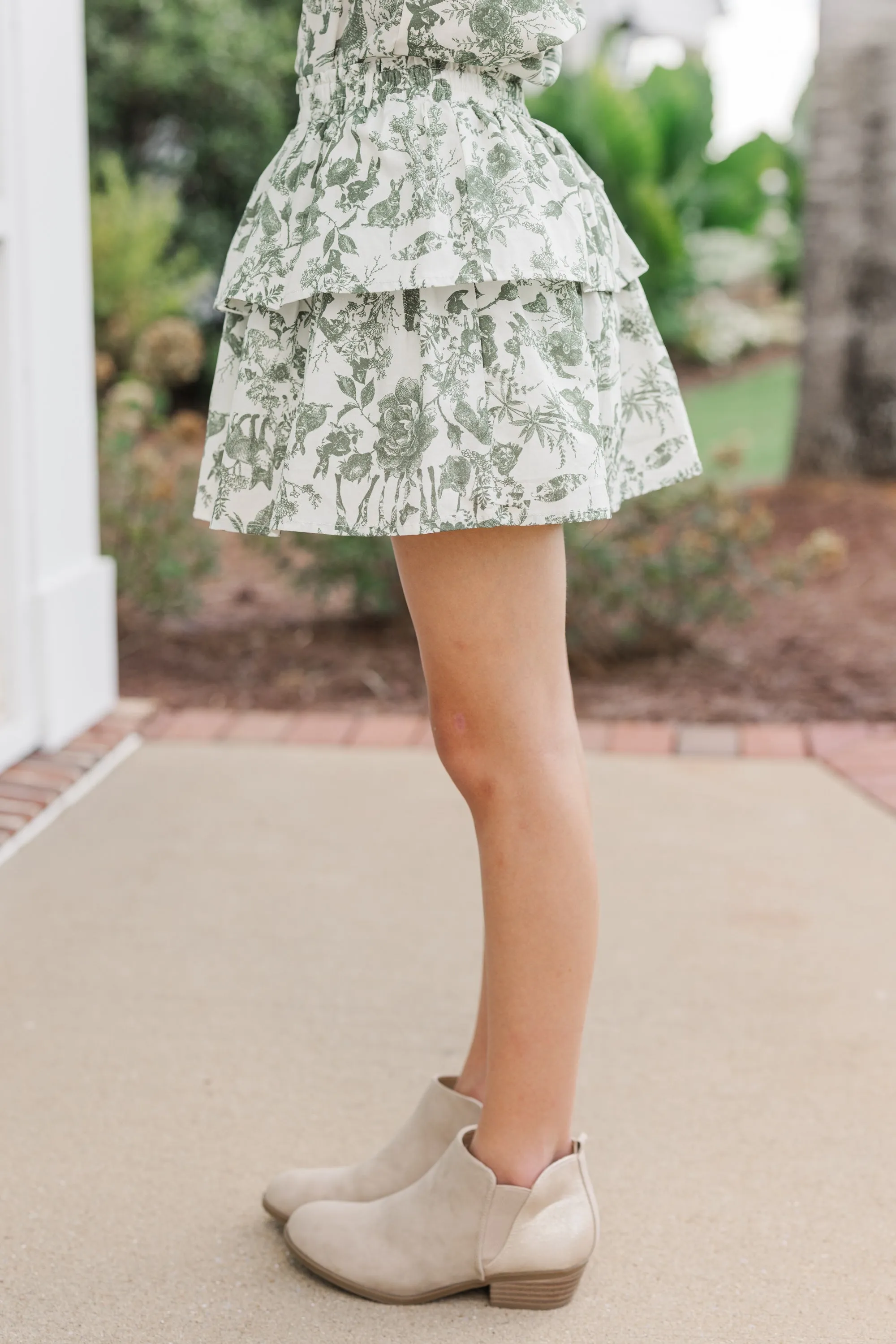 Girls: Based On Truth Olive Green Toile Tiered Skort
