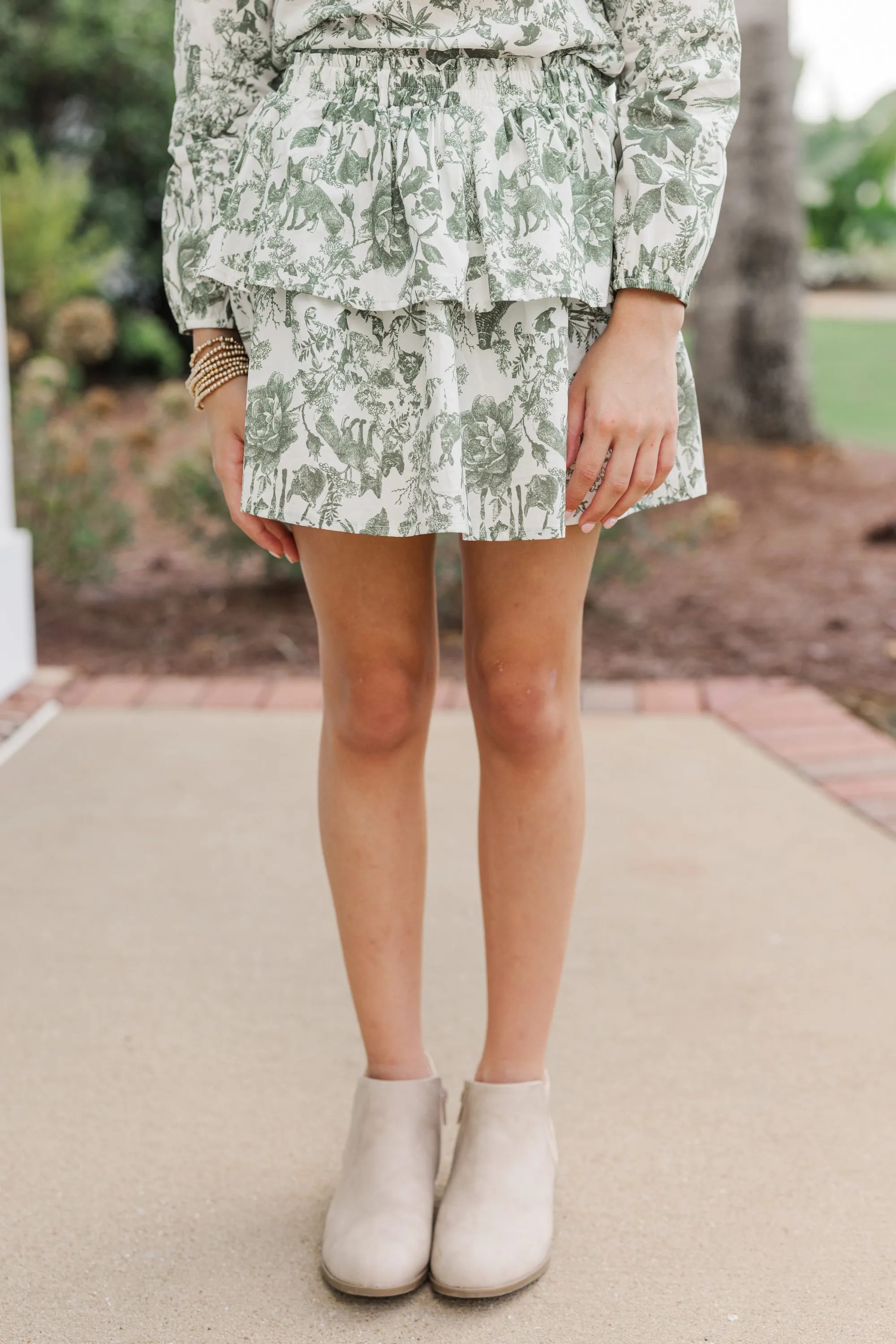 Girls: Based On Truth Olive Green Toile Tiered Skort