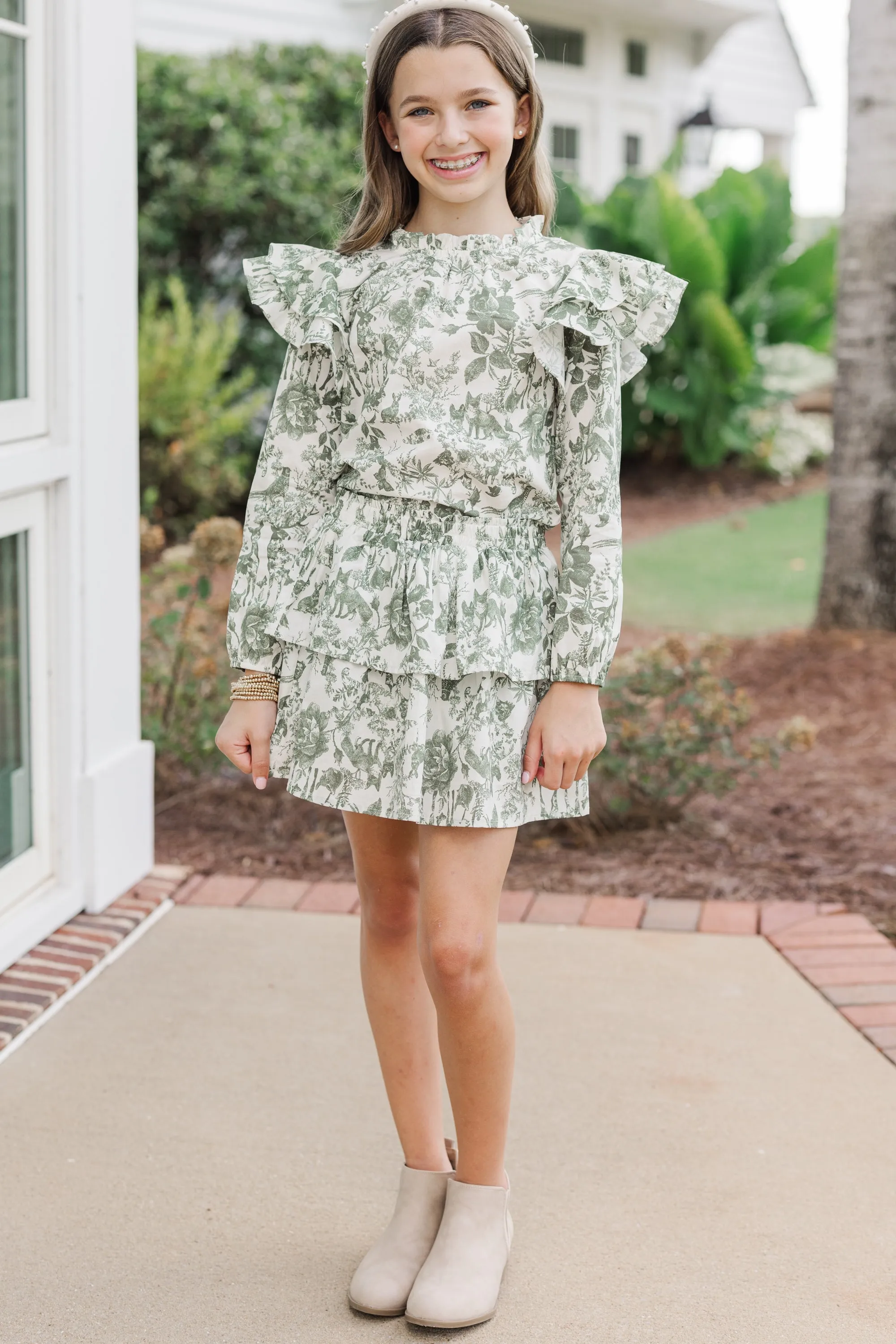 Girls: Based On Truth Olive Green Toile Tiered Skort
