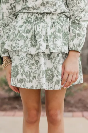 Girls: Based On Truth Olive Green Toile Tiered Skort