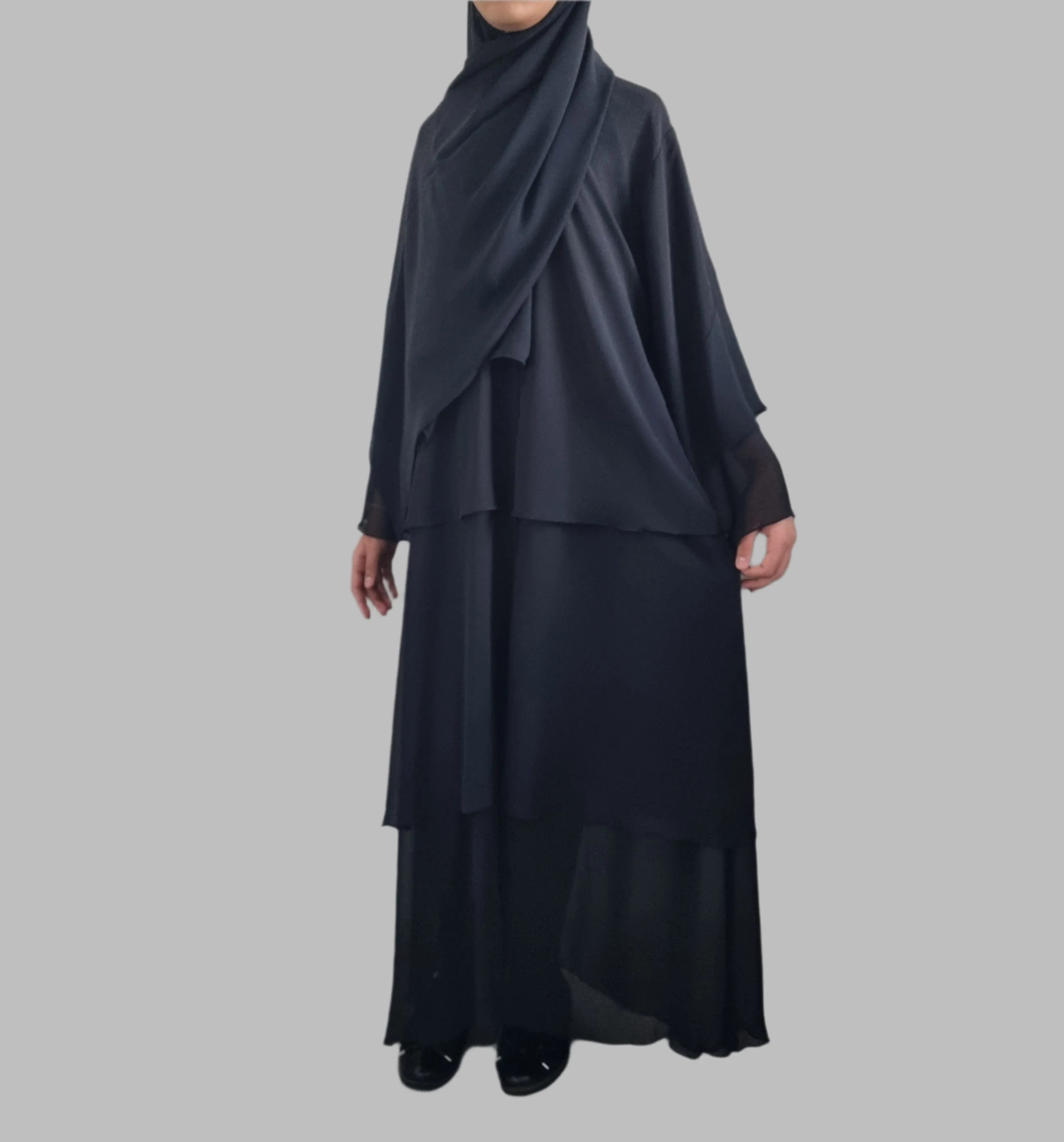 Girls Chiffon Layered Abaya - Black
