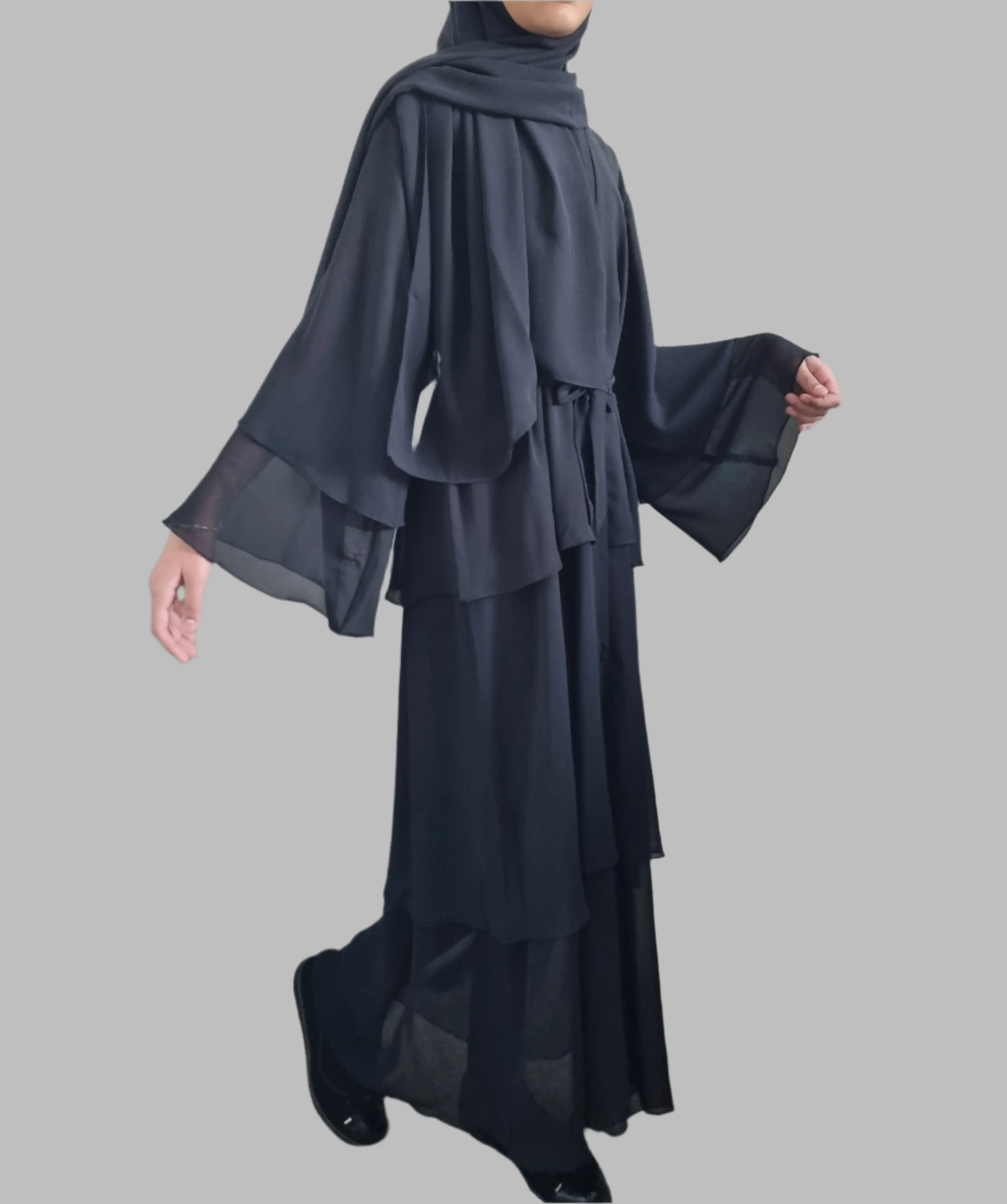 Girls Chiffon Layered Abaya - Black