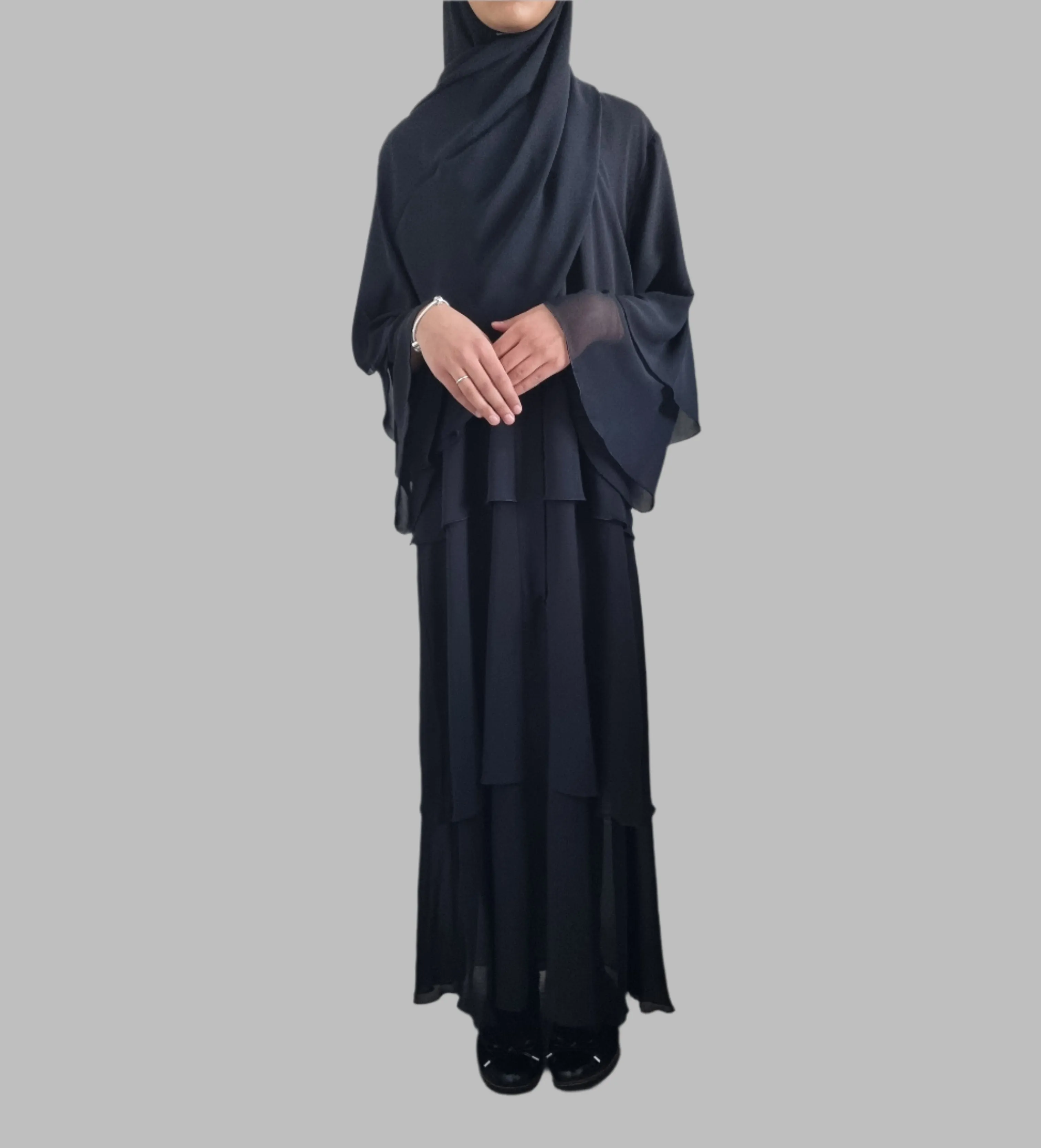 Girls Chiffon Layered Abaya - Black