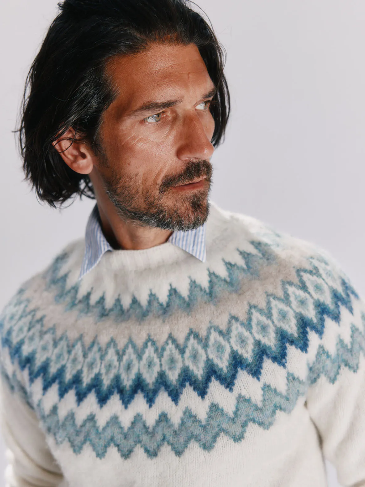 Glacier Brushed Fairisle Yoke Lambswool Sweater - Winter White