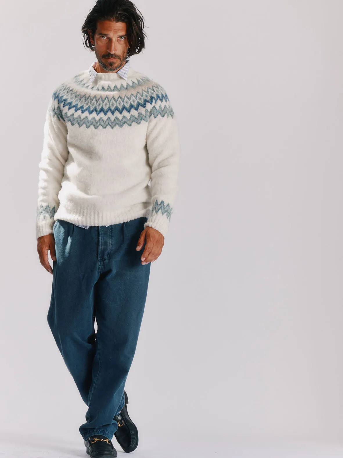 Glacier Brushed Fairisle Yoke Lambswool Sweater - Winter White