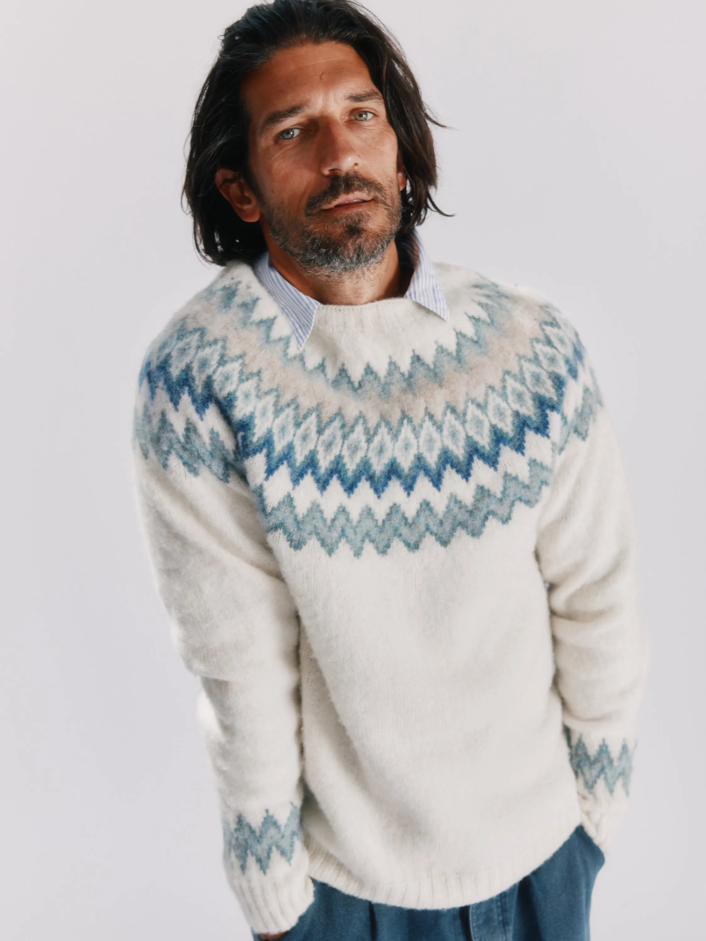 Glacier Brushed Fairisle Yoke Lambswool Sweater - Winter White