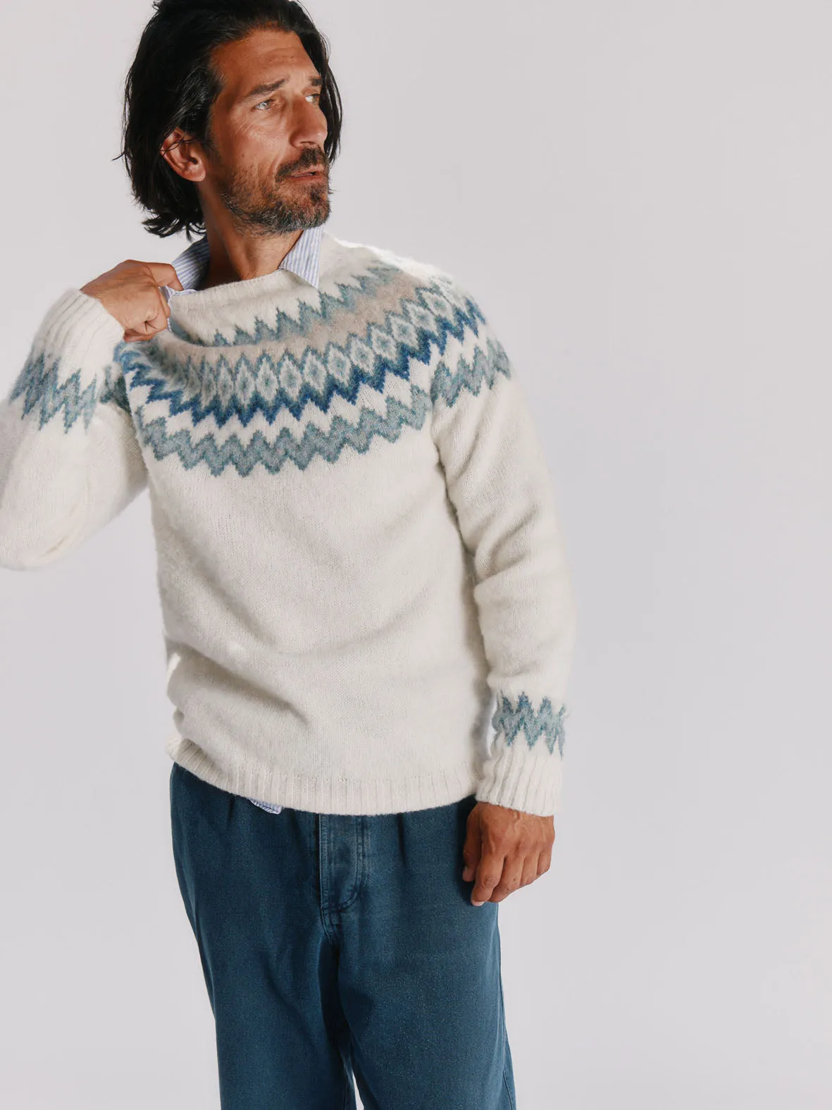 Glacier Brushed Fairisle Yoke Lambswool Sweater - Winter White
