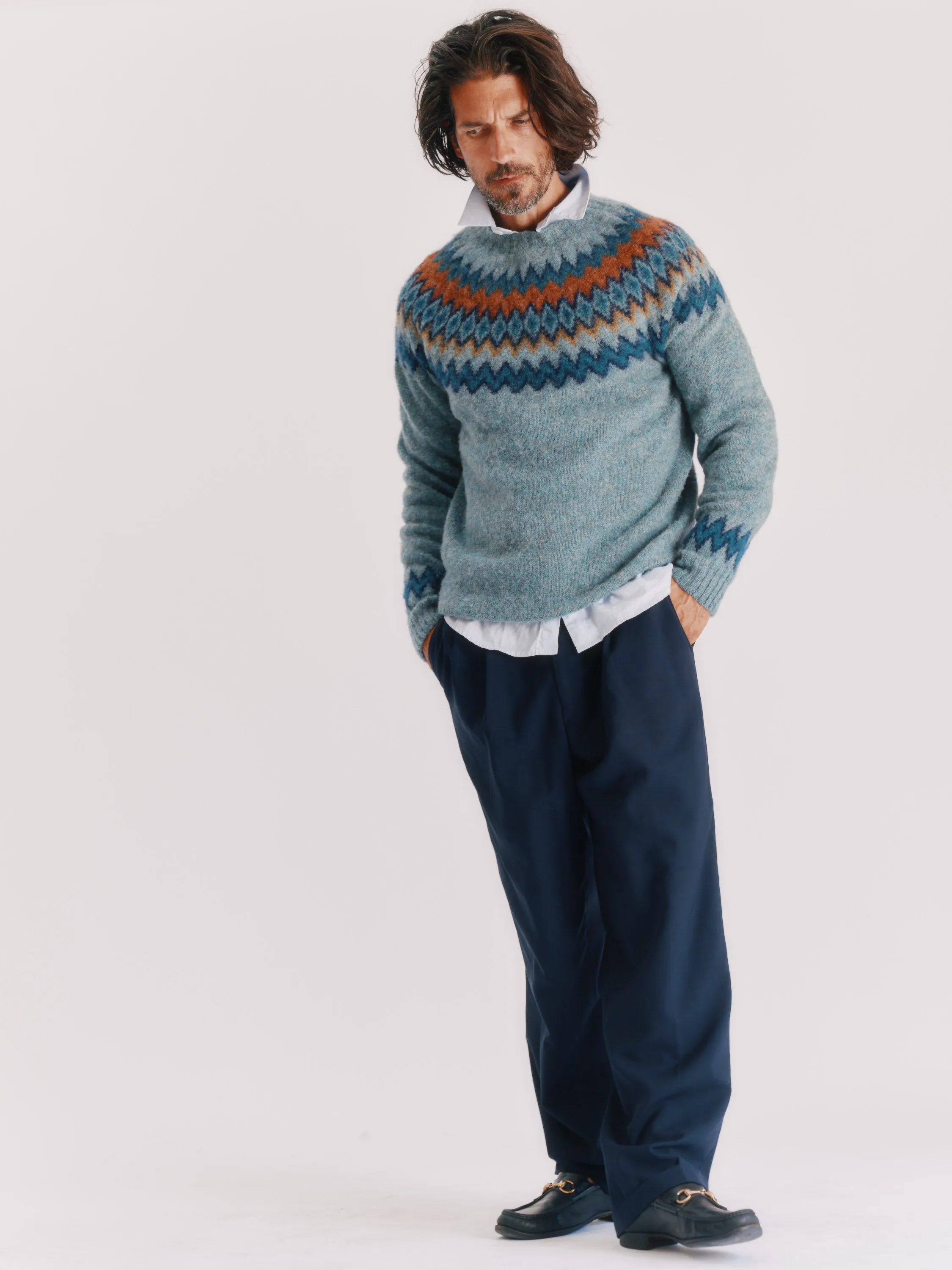 Glacier Yoke  Brushed Fair Isle Men's Sweater - Graphite Green Blue