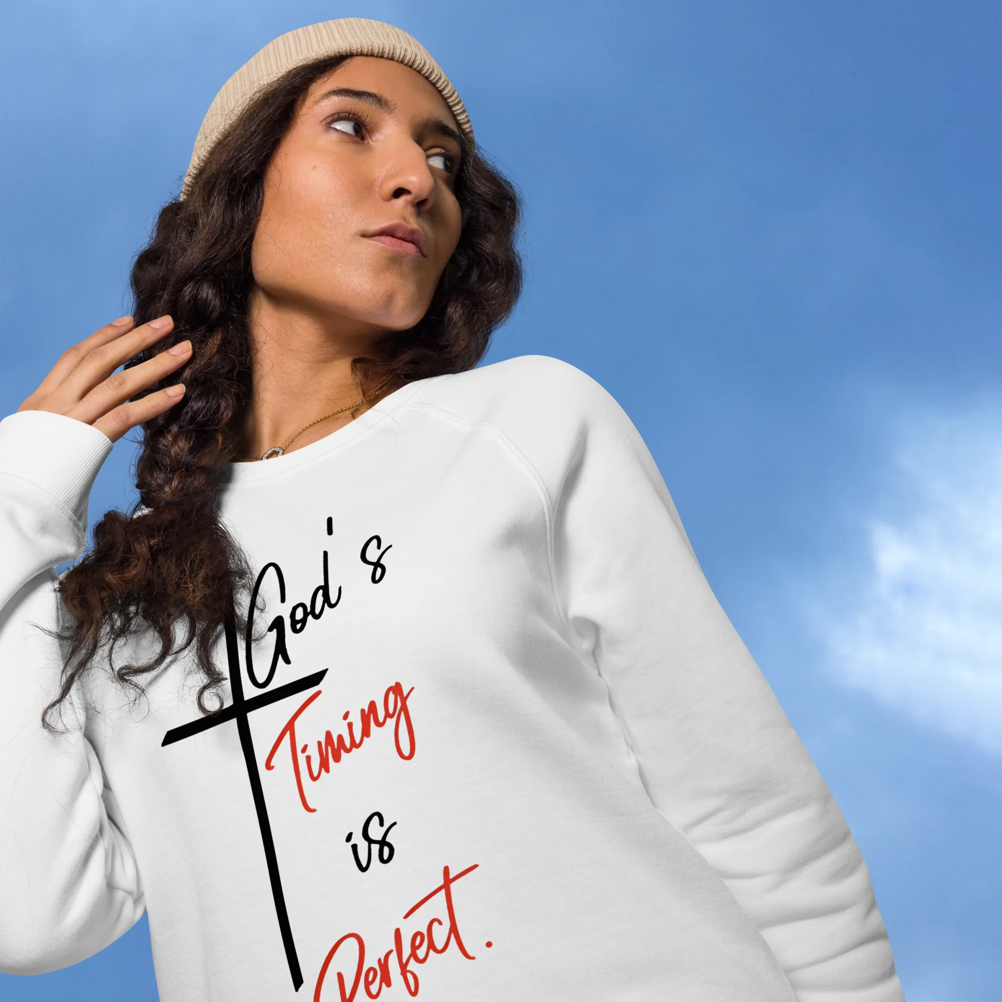 God's Timing is Perfect Women's organic raglan Cristian sweatshirt