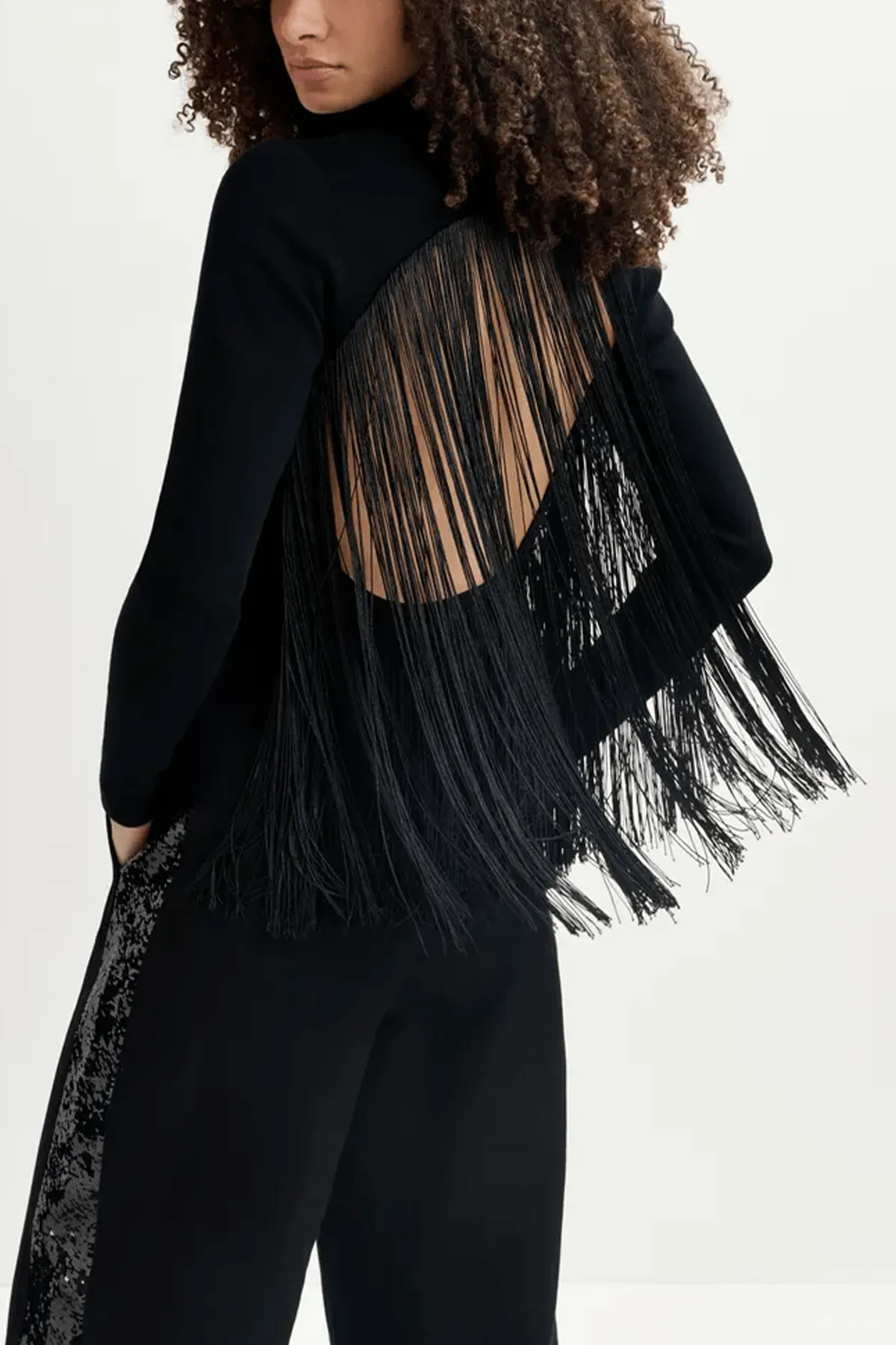 Golittle Fringe-Back Knit Sweater in Black