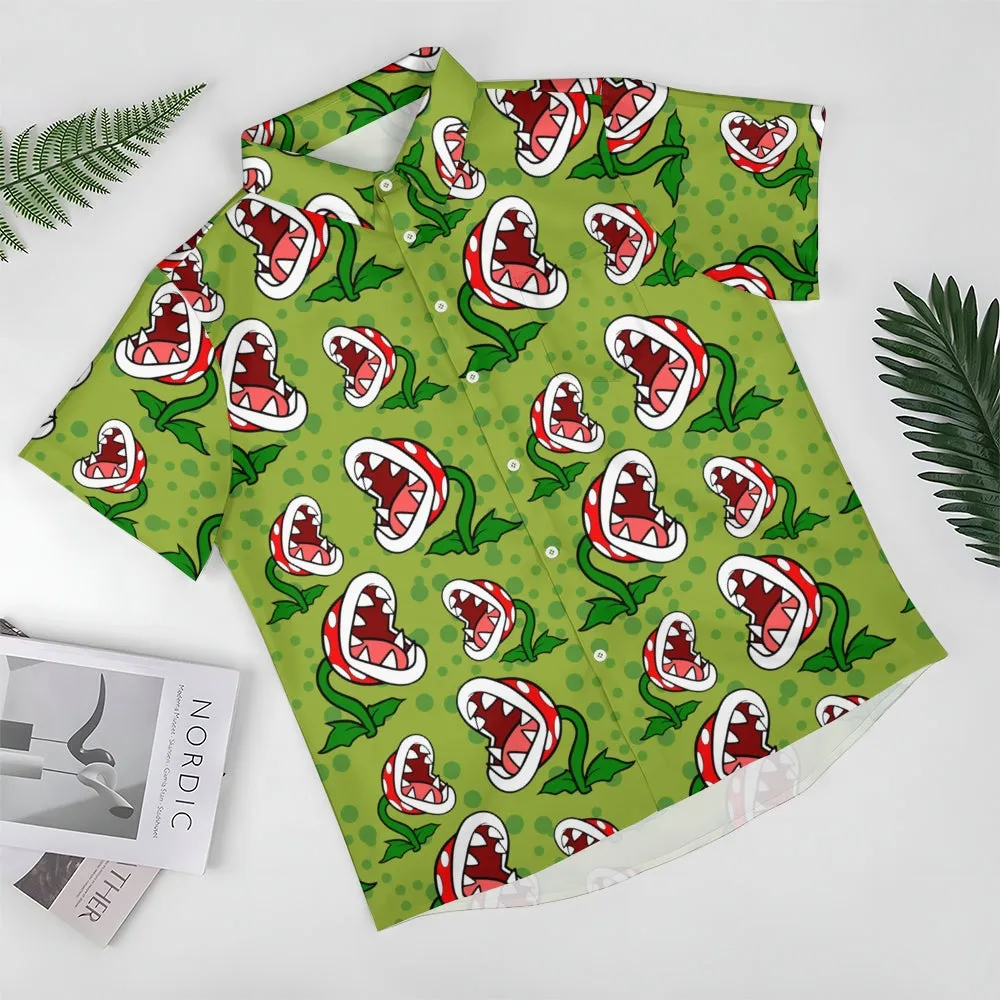 Green Cartoon Piranha Flowers Printing Short Sleeve Shirt 2411001827