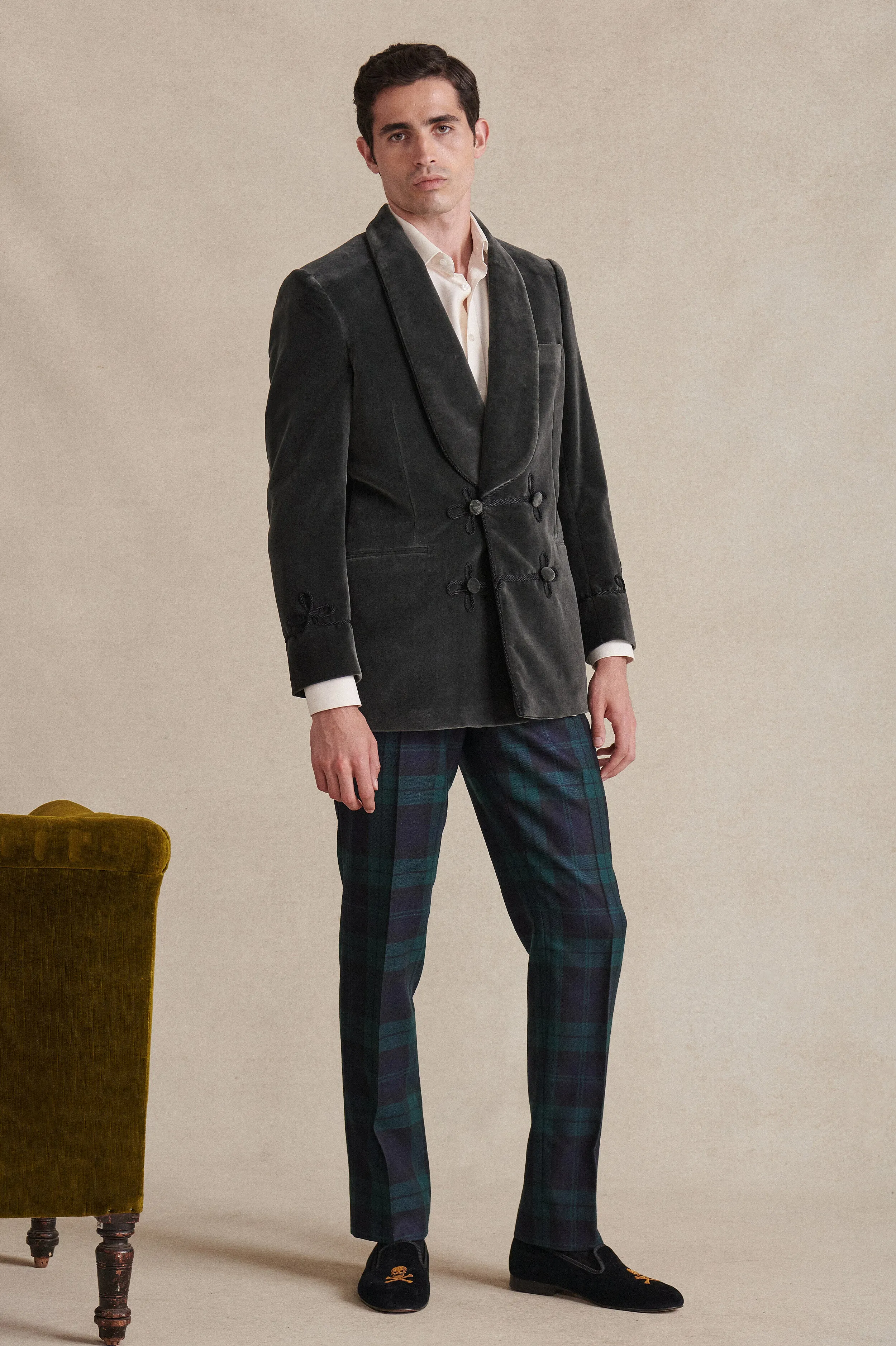 Grey Double Breasted Velvet Smoking Jacket