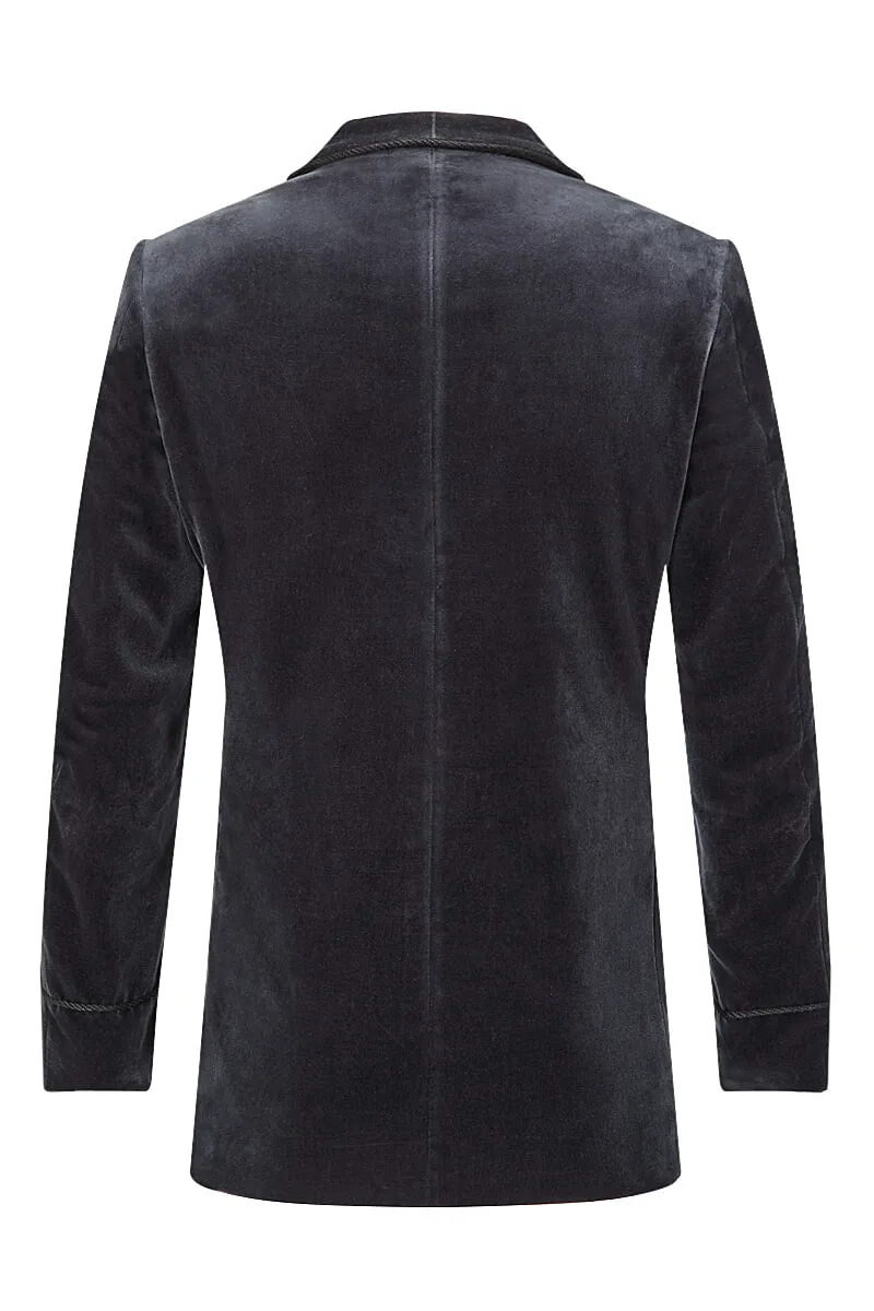 Grey Double Breasted Velvet Smoking Jacket