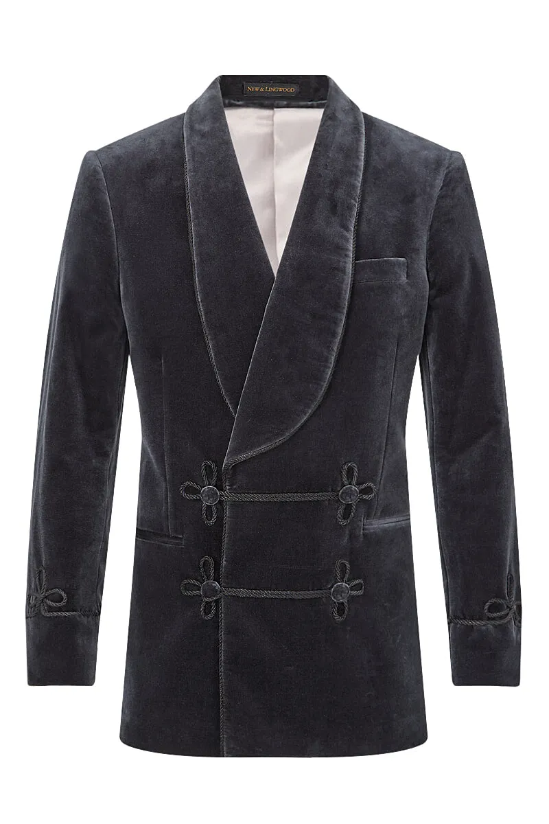 Grey Double Breasted Velvet Smoking Jacket