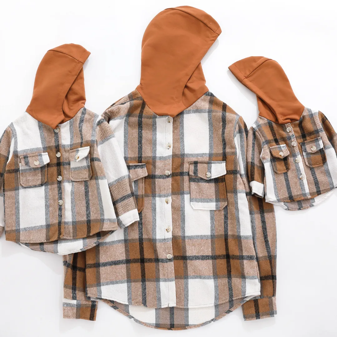 HAHA MAMA Clothing - Hooded Brown & Gray Flannel Jacket Mother and Son- Women's