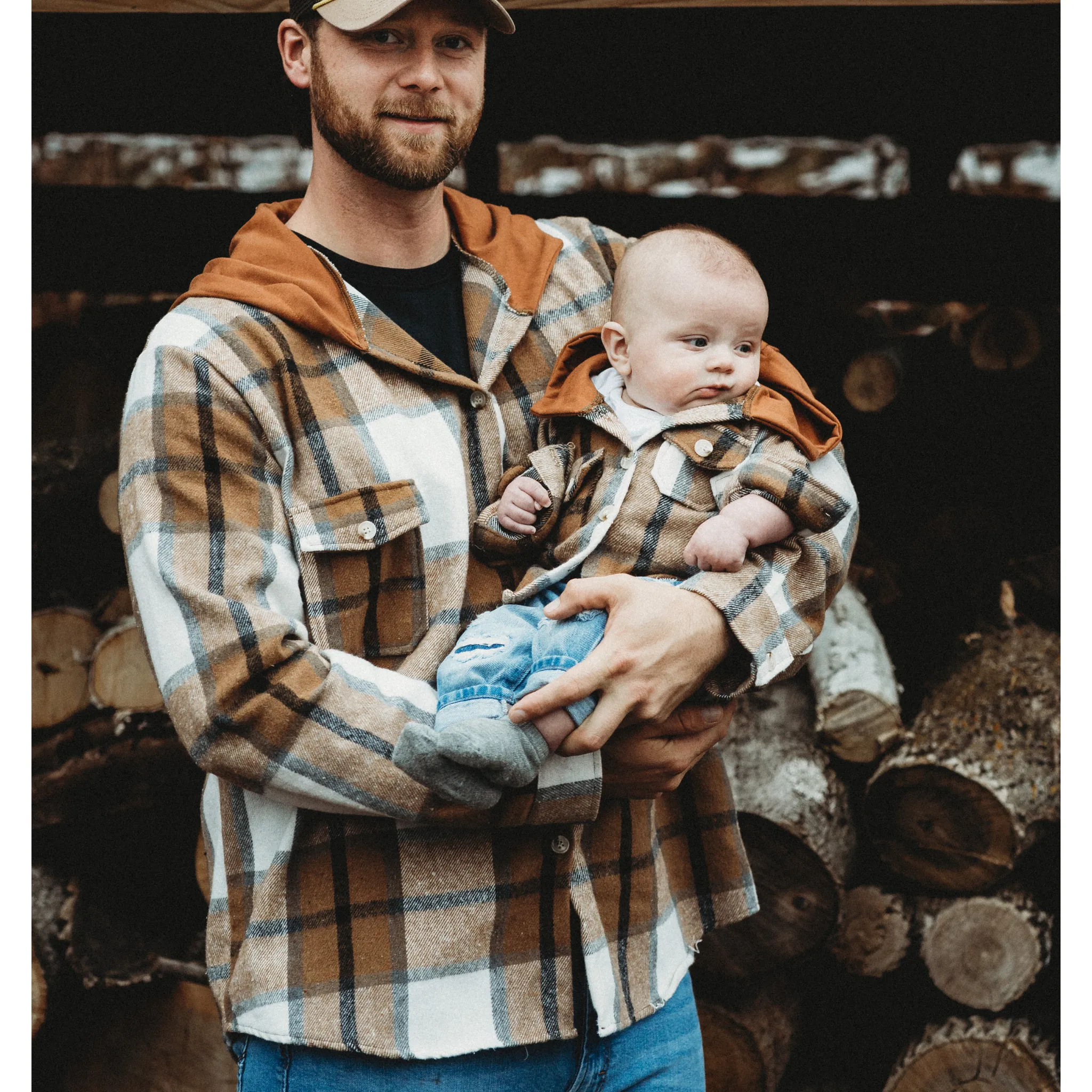 HAHA MAMA Clothing - Hooded Brown & Gray Flannel Jacket Mother and Son- Women's