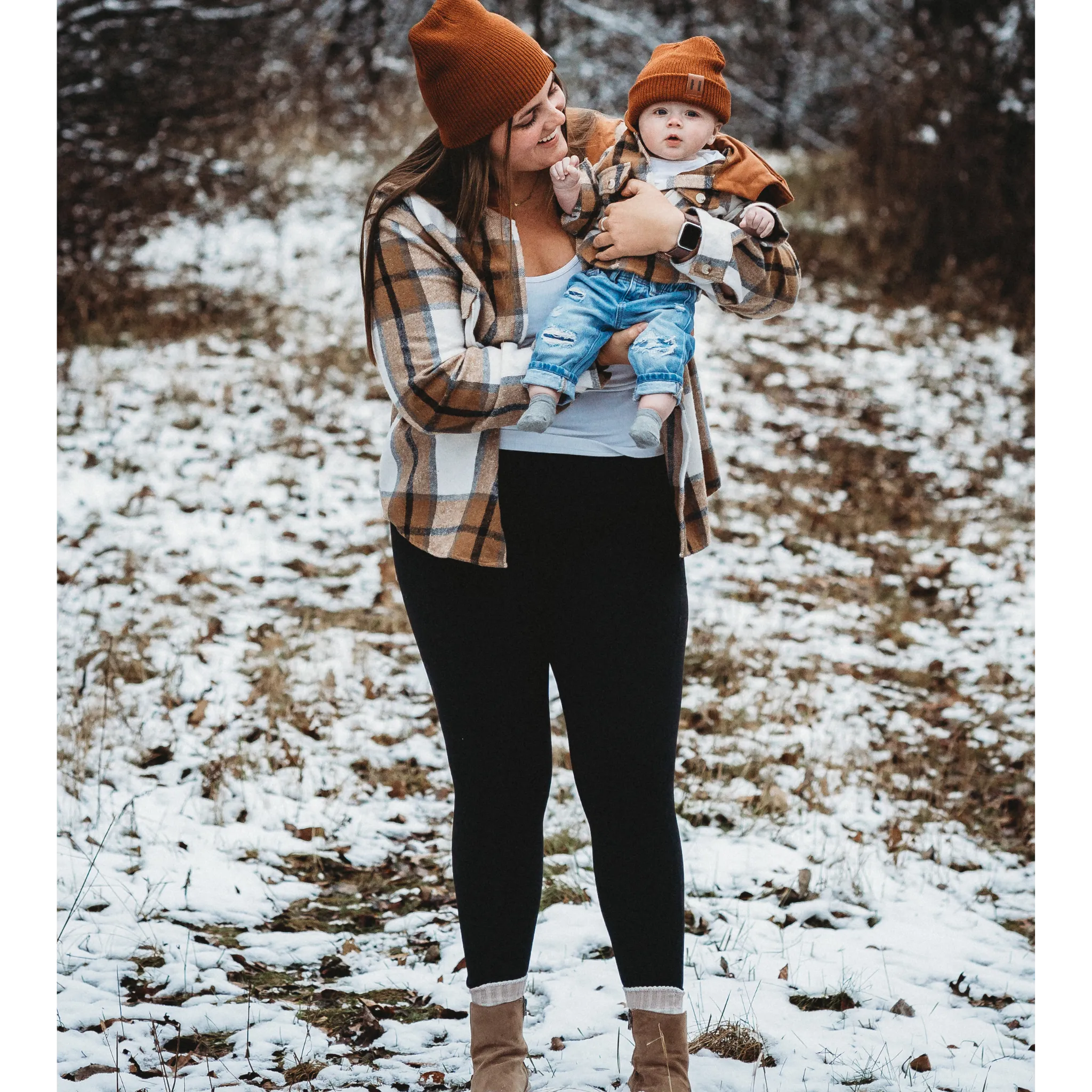 HAHA MAMA Clothing - Hooded Brown & Gray Flannel Jacket Mother and Son- Women's