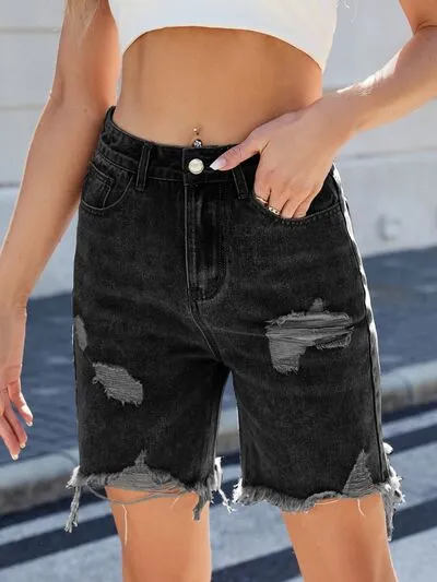 Hazel Blues® |  Distressed Raw Hem Denim Shorts