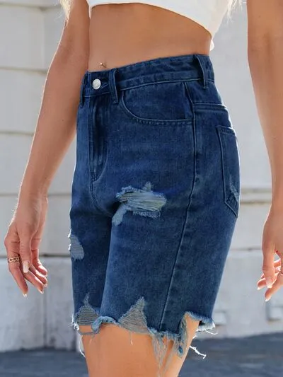 Hazel Blues® |  Distressed Raw Hem Denim Shorts