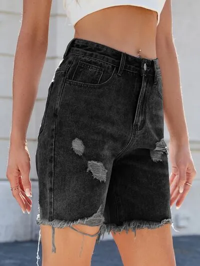Hazel Blues® |  Distressed Raw Hem Denim Shorts