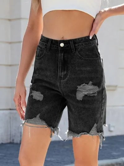 Hazel Blues® |  Distressed Raw Hem Denim Shorts