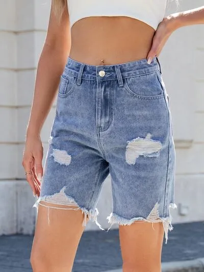 Hazel Blues® |  Distressed Raw Hem Denim Shorts