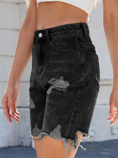 Hazel Blues® |  Distressed Raw Hem Denim Shorts