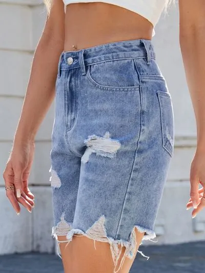 Hazel Blues® |  Distressed Raw Hem Denim Shorts