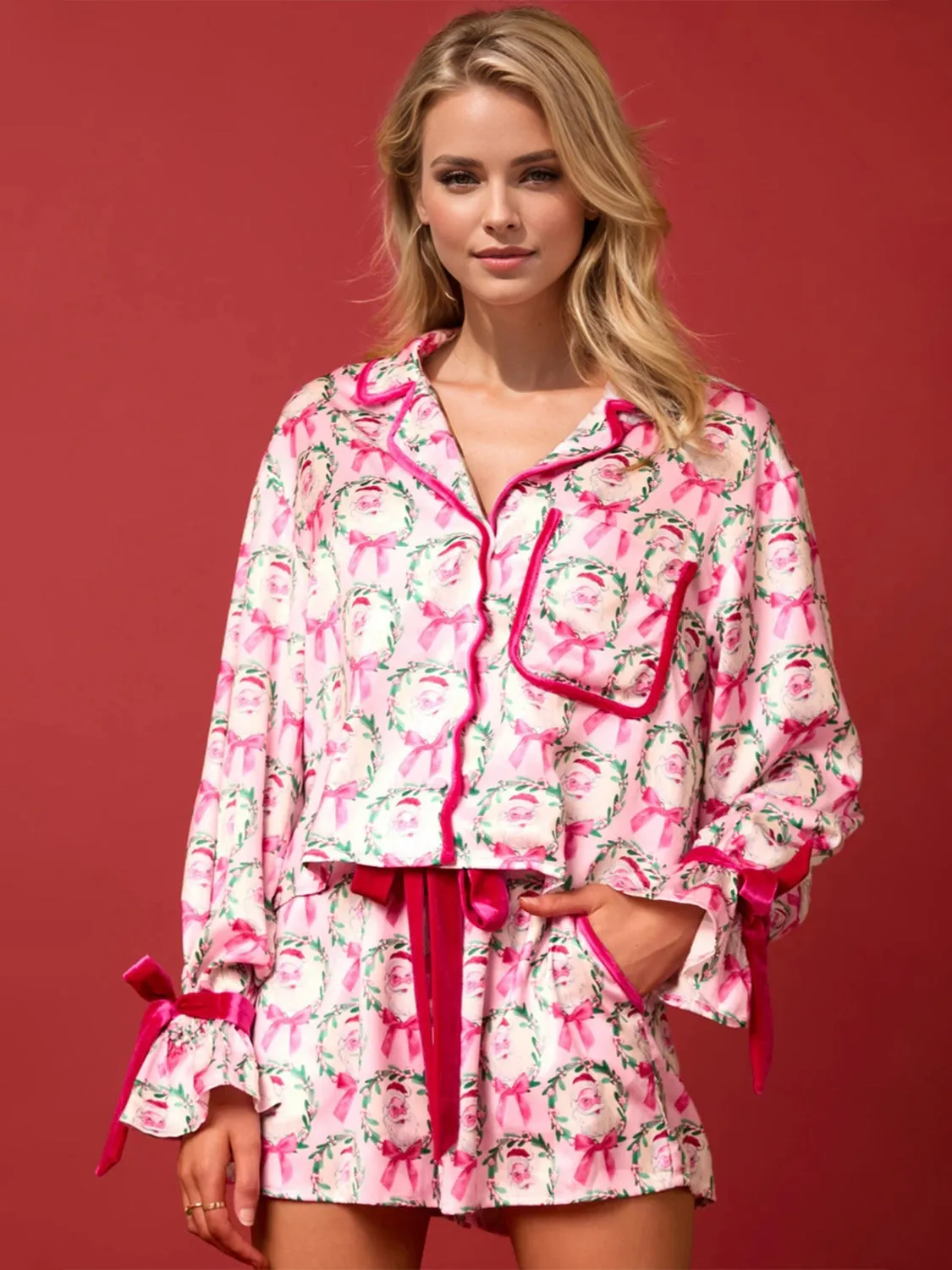 Hazel Blues® |  Tied Printed Collared Neck Long Sleeve Top and Shorts Set