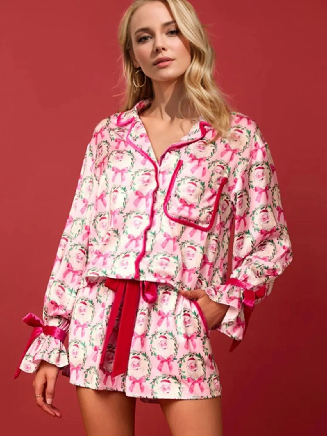 Hazel Blues® |  Tied Printed Collared Neck Long Sleeve Top and Shorts Set