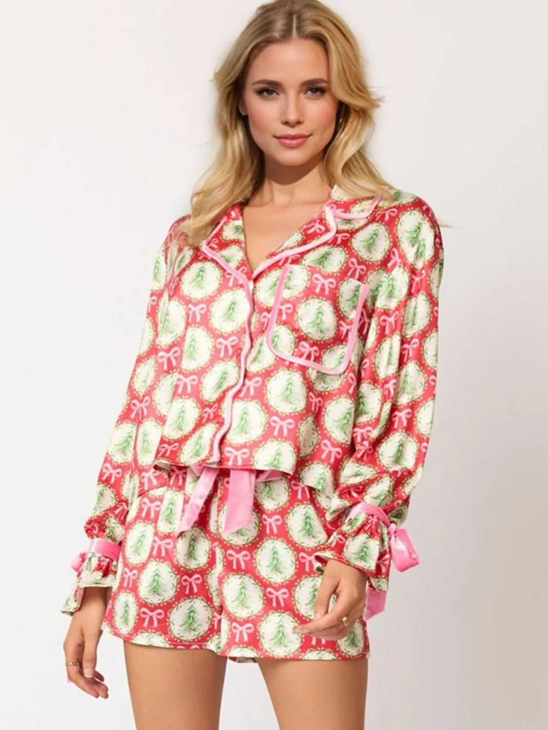 Hazel Blues® |  Tied Printed Collared Neck Long Sleeve Top and Shorts Set