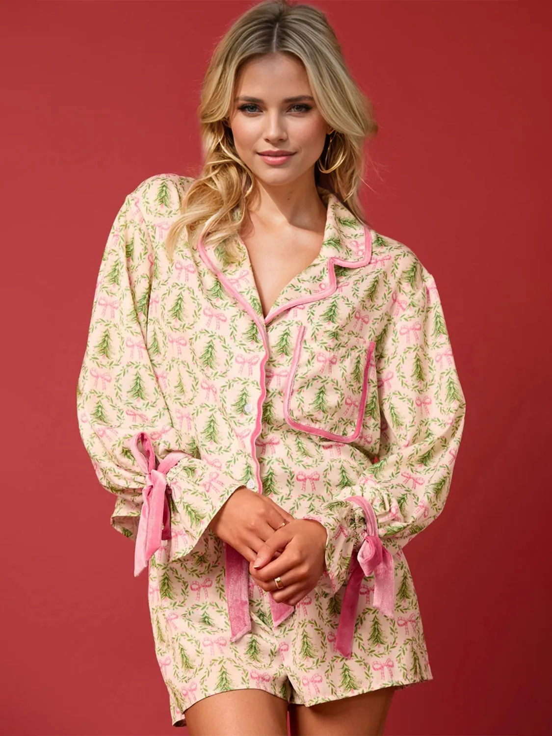 Hazel Blues® |  Tied Printed Collared Neck Long Sleeve Top and Shorts Set