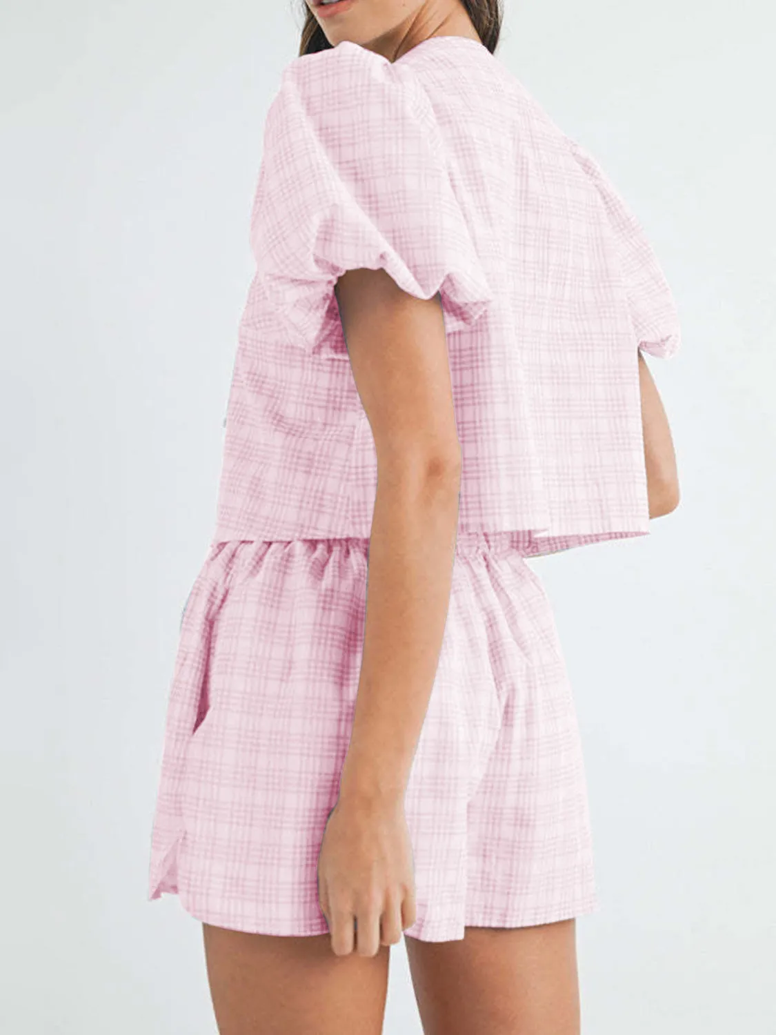 Hazel Blues® |  V-Neck Puff Sleeve Top and Shorts Set