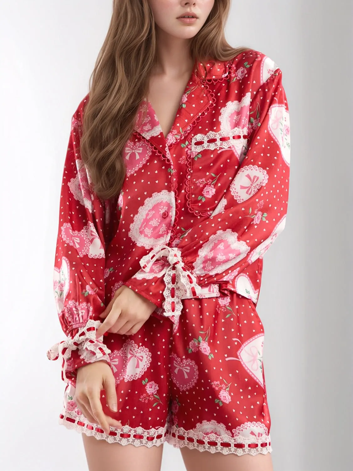 Hazel Blues® |  Valentine’s Day Lace Detail Heart Print Collared Neck Top and Shorts Lounge Set