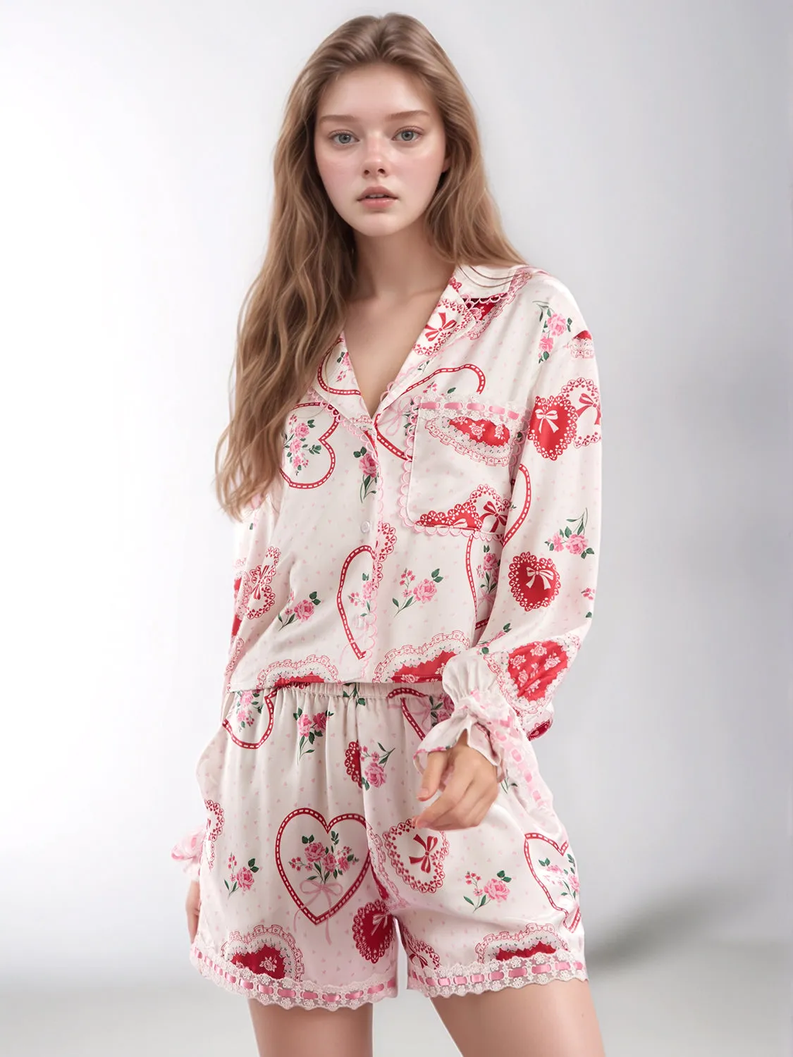 Hazel Blues® |  Valentine’s Day Lace Detail Heart Print Collared Neck Top and Shorts Lounge Set