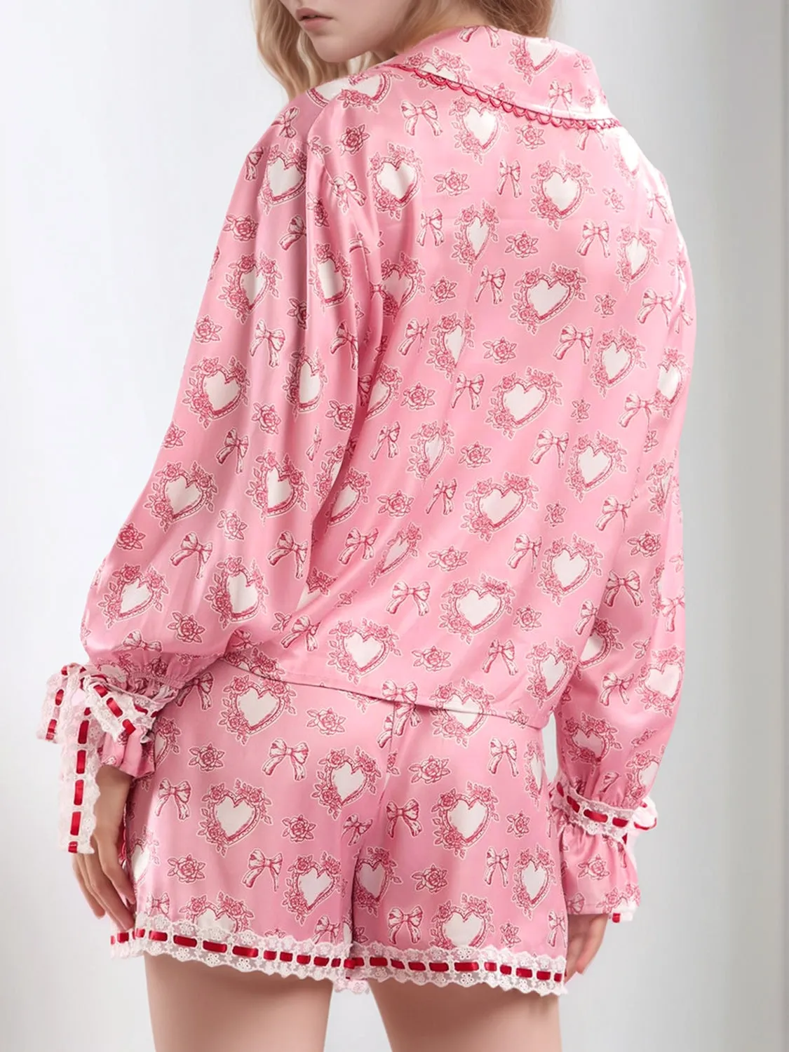 Hazel Blues® |  Valentine’s Day Lace Detail Heart Print Collared Neck Top and Shorts Lounge Set