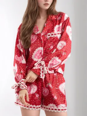 Hazel Blues® |  Valentine’s Day Lace Detail Heart Print Collared Neck Top and Shorts Lounge Set