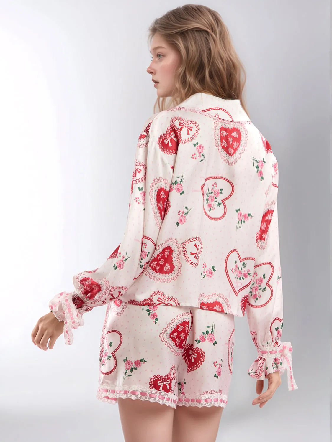 Hazel Blues® |  Valentine’s Day Lace Detail Heart Print Collared Neck Top and Shorts Lounge Set